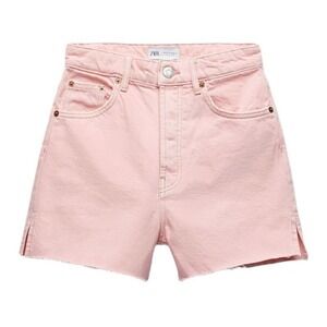Zara Shorts Women 2 High Waist Cut Offs Slit Straight Denim Pink Raw Hem Relaxed